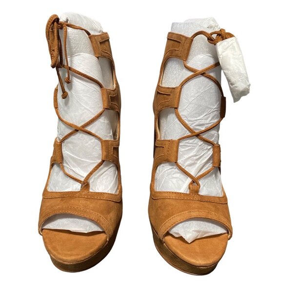 Vince Camuto VC-Kamaye 9M 39 Women Shoes 5” Heel Suede Tan Lace-Up Leather - Picture 2 of 14